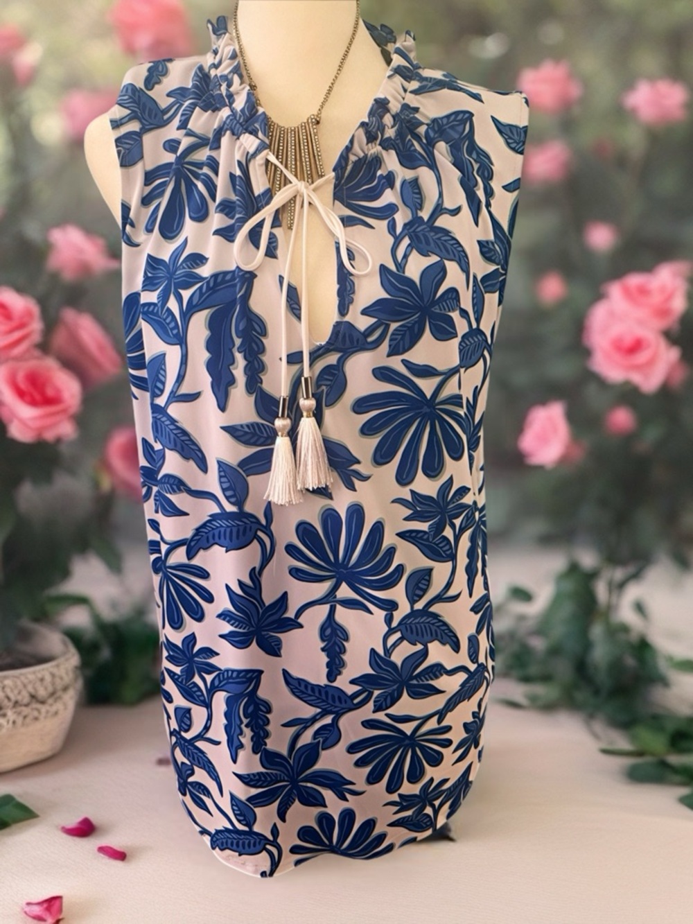 Tahari Blue Floral Tie-Neck Sleeveless Top